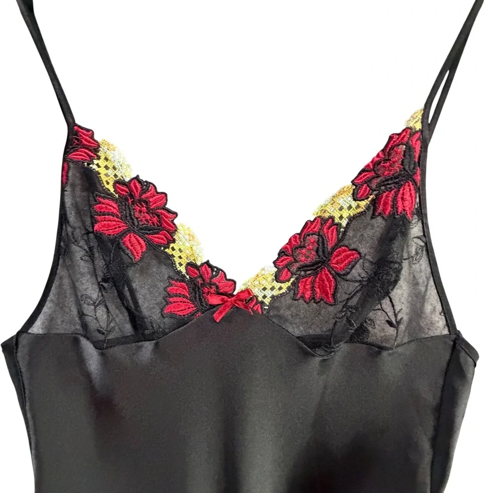 Jasmin Y2K Satin Slip Dress Small Black Red Floral Embroidery Nightwear Lingerie